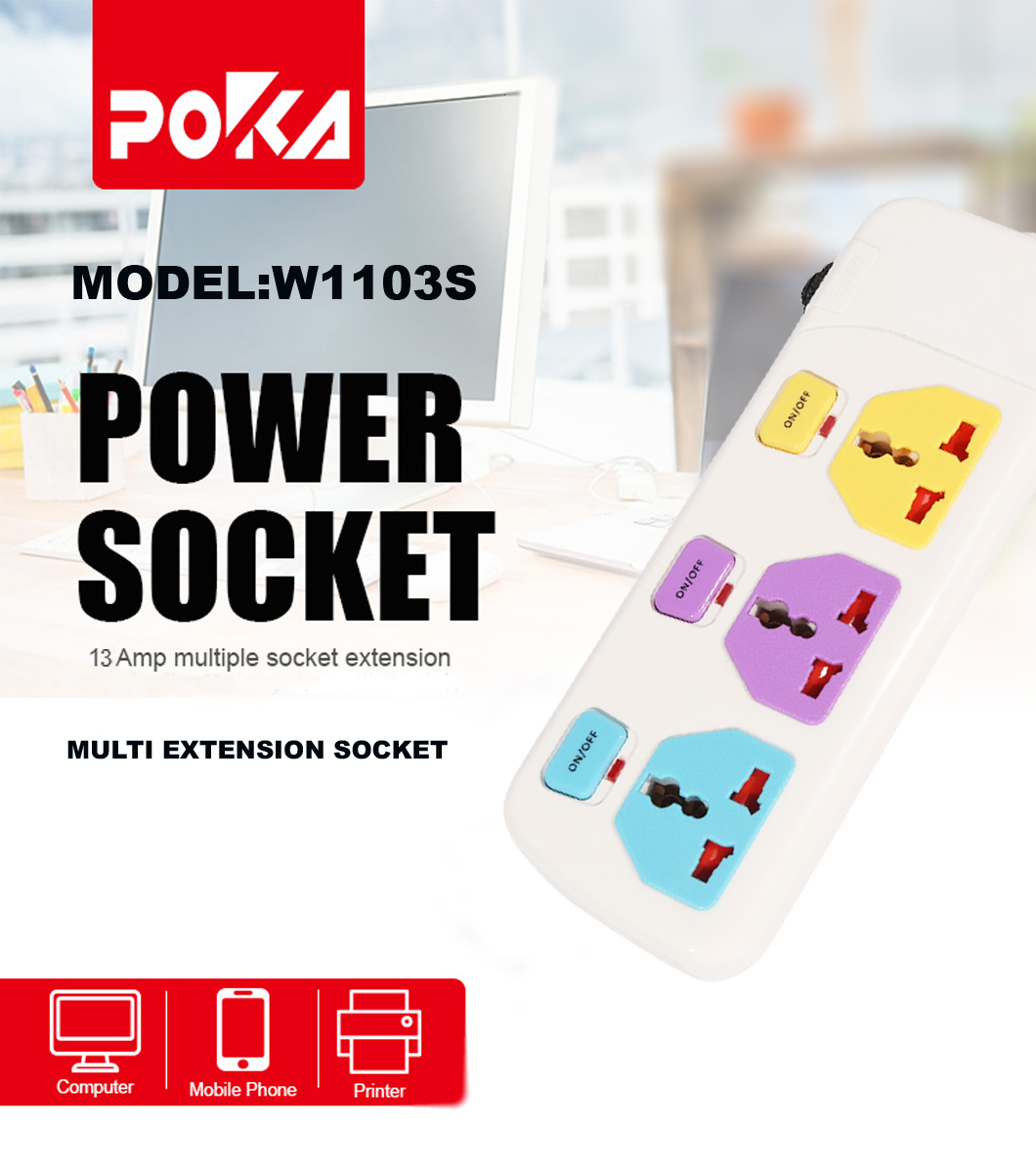 Universal Multi Extension Socket With Overload Protector POKA brand W1103S