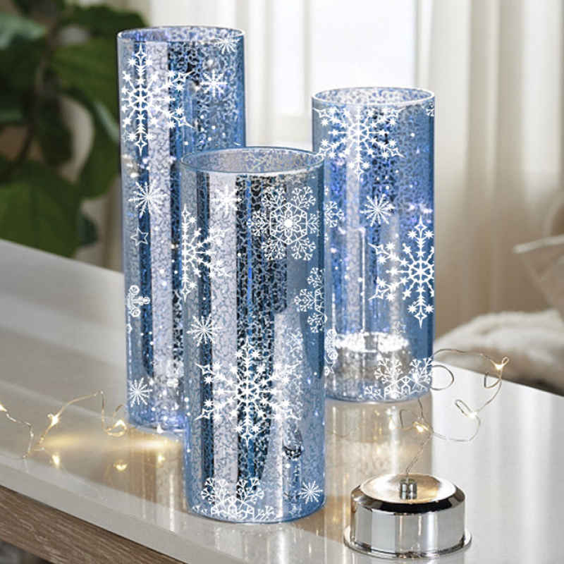 Set of 3 Blue Mercury Glass Hurricanes,include 6-8 hour timer