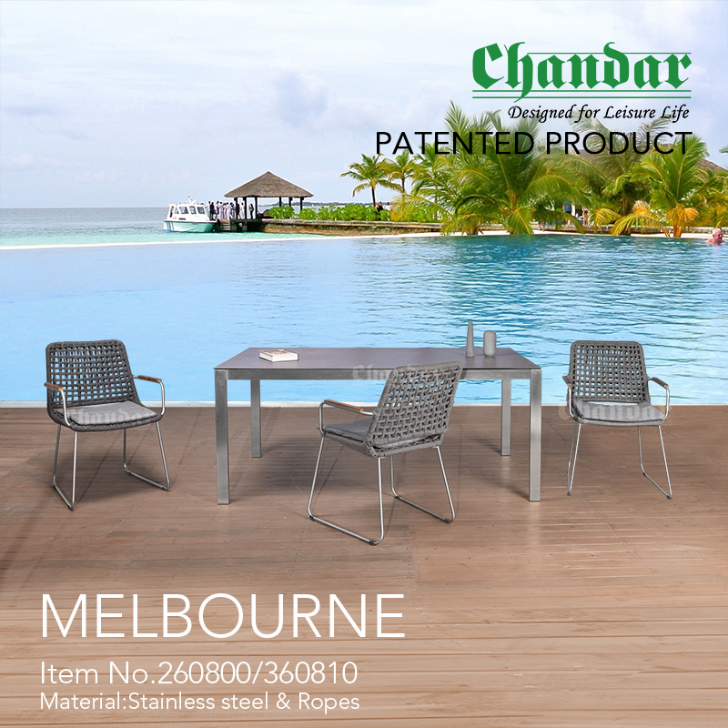 Outdoor Furniture in Stainless Steel Melbourne Garden Dining Set with Rope Stainless Steel Table Stainless Steel Chair Garden Furniture with Teak Wood Armrest Teak Wood Sofa