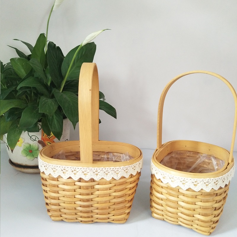 Factory handle wooden chip flower basket gift wrapping basket
