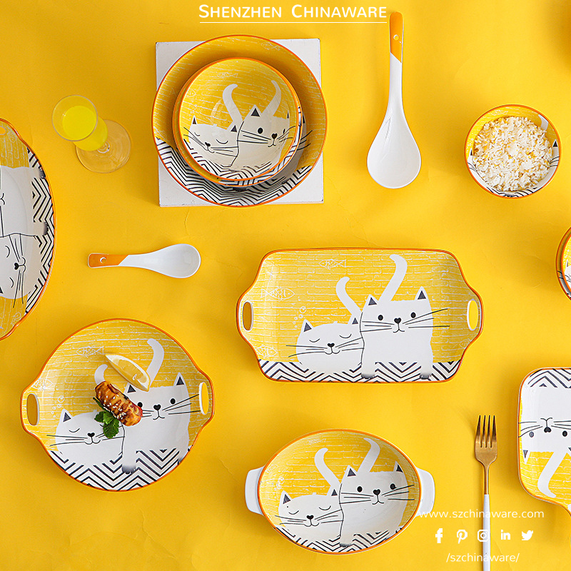 Porcelain Tableware Cartoon Cat M028 Tableware SZChinaware Porcelain Dinner Bowl Sets Noodle Salad Bowl Plates