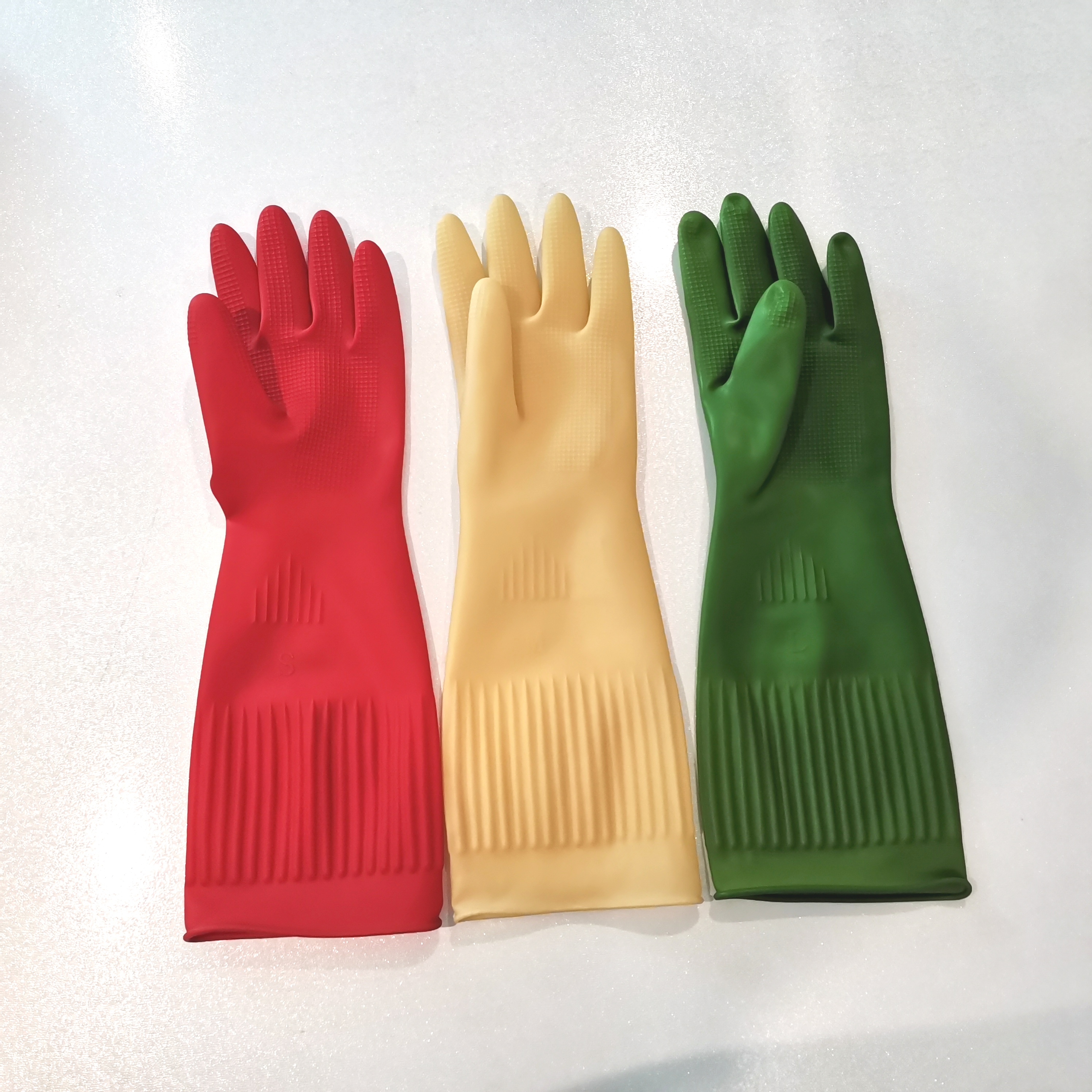 38cm Xingli Green color unlined long household latex gloves