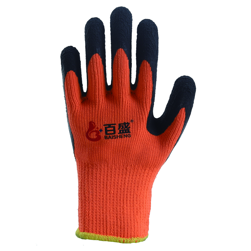 10 gauge orange polyester loop liner with black latex foam palm coating glove