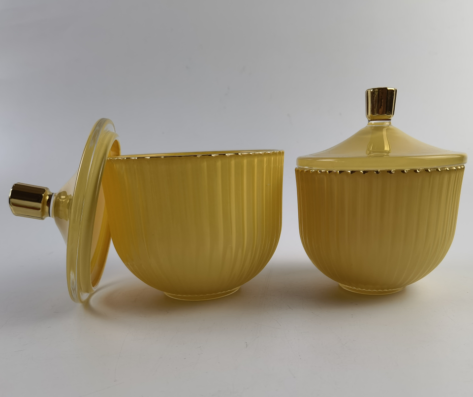 New arrival glass sprayed colorful candle jar series with ribbed decoration and gold rim and knob