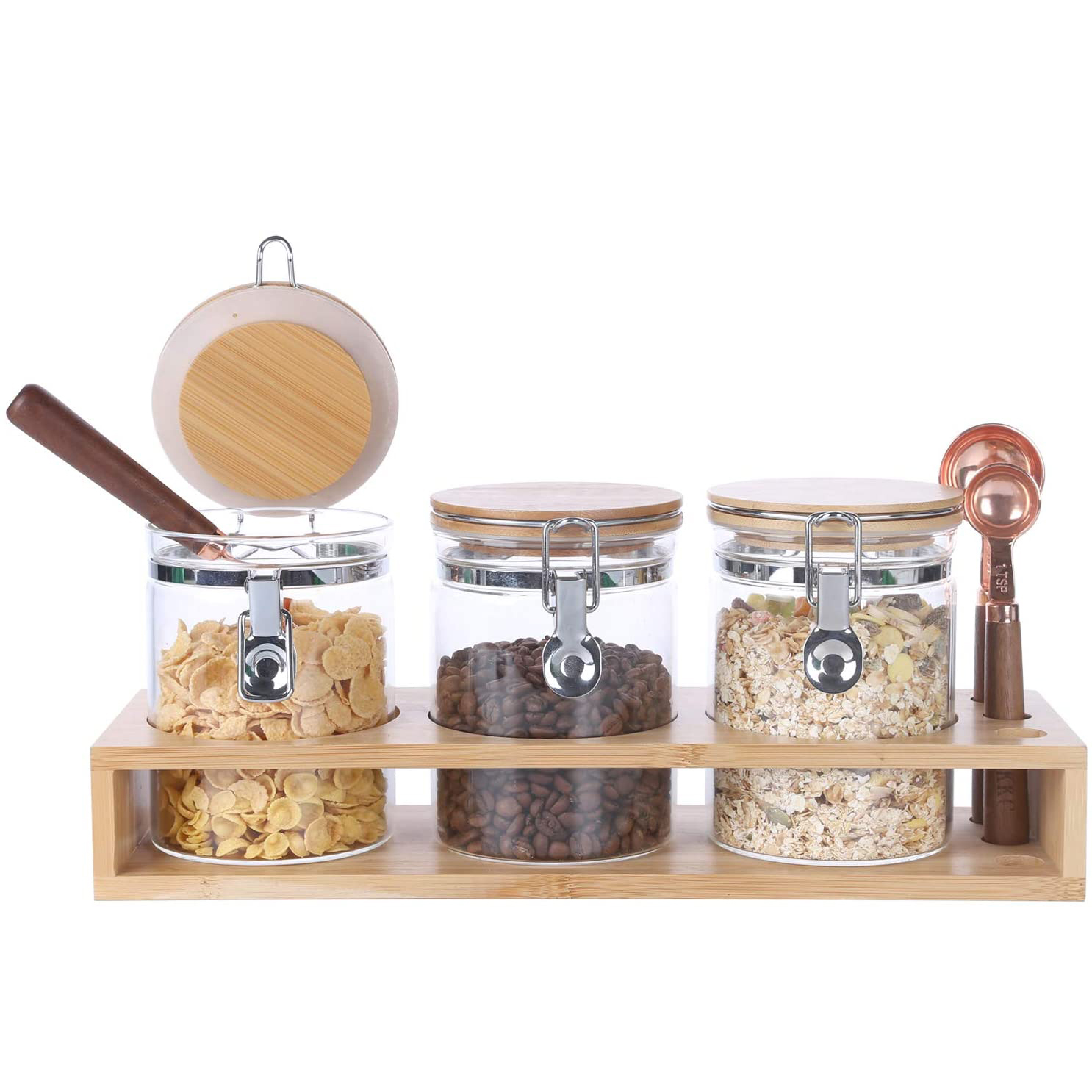 Borosilicate glass storage tanks with wooden shelves