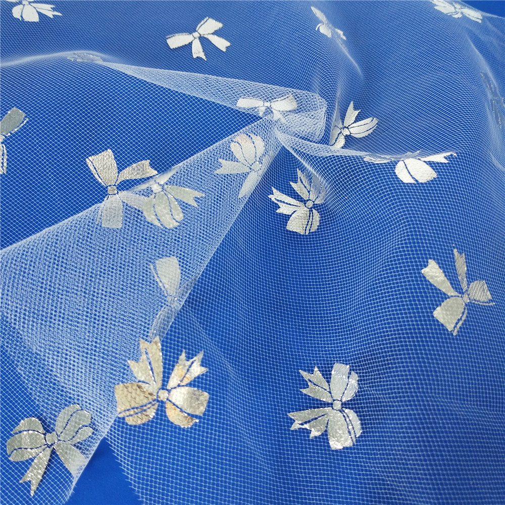 Hot selling 100% polyester Silver And Red Foil Print Mesh Tulle Fabric For Garments Dress