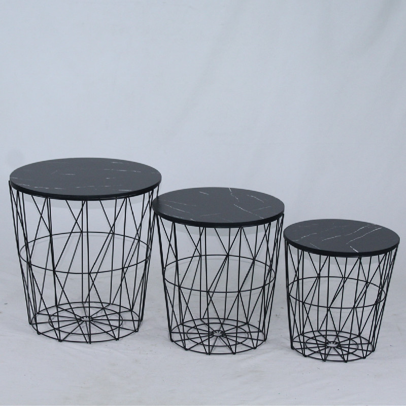 Metal wire set of 3 marble effect MDF side table