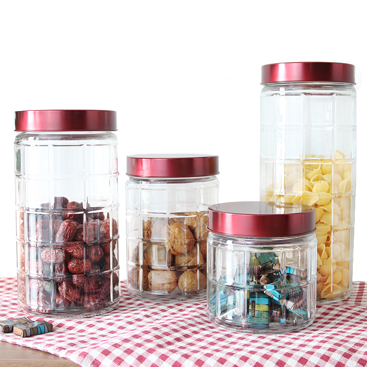 Checkered Kitchen Glass Storage Jar Sets With 410 Acrylic Metal Lid