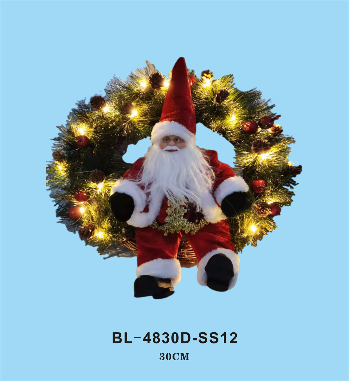 LED wreath with sitting Santa