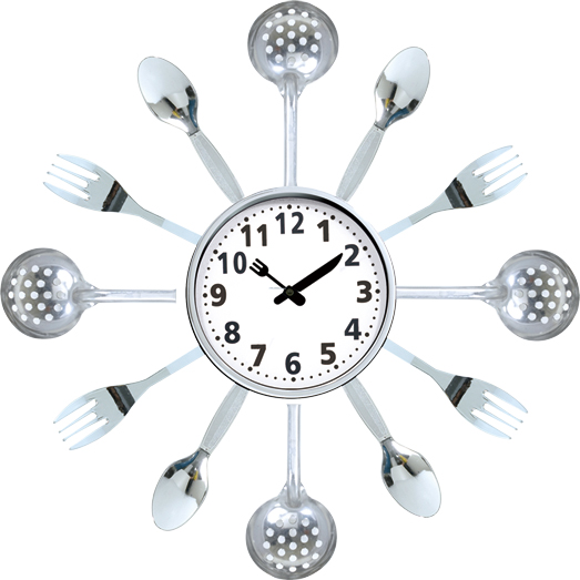 Wall clock; quartz clock; best sale; Kitchen clock; plated silver; fork and spoon; Leaky spoon; gift; simple round clock; 14inch 35cm