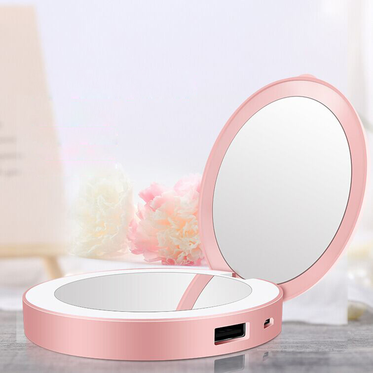 Round Shape Portable Double Sides LED Small Makeup Pocket Mirror With Power Bank