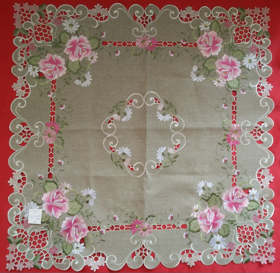 Pink peony embroidery and cutwork table cloth