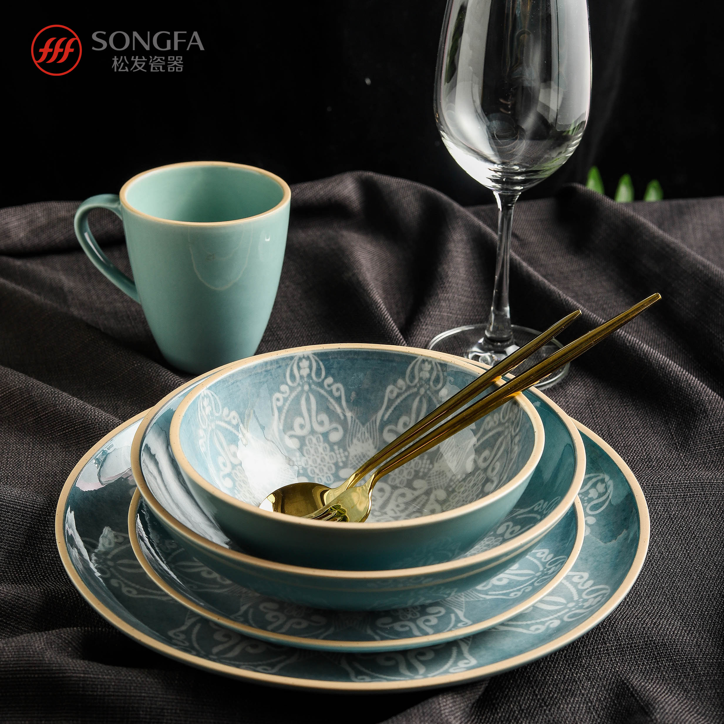 Mediterranean pad printing new bone china dinnerware set