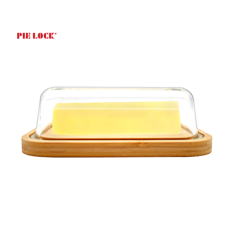 glass butter dish / glass butter box with bamboo lid