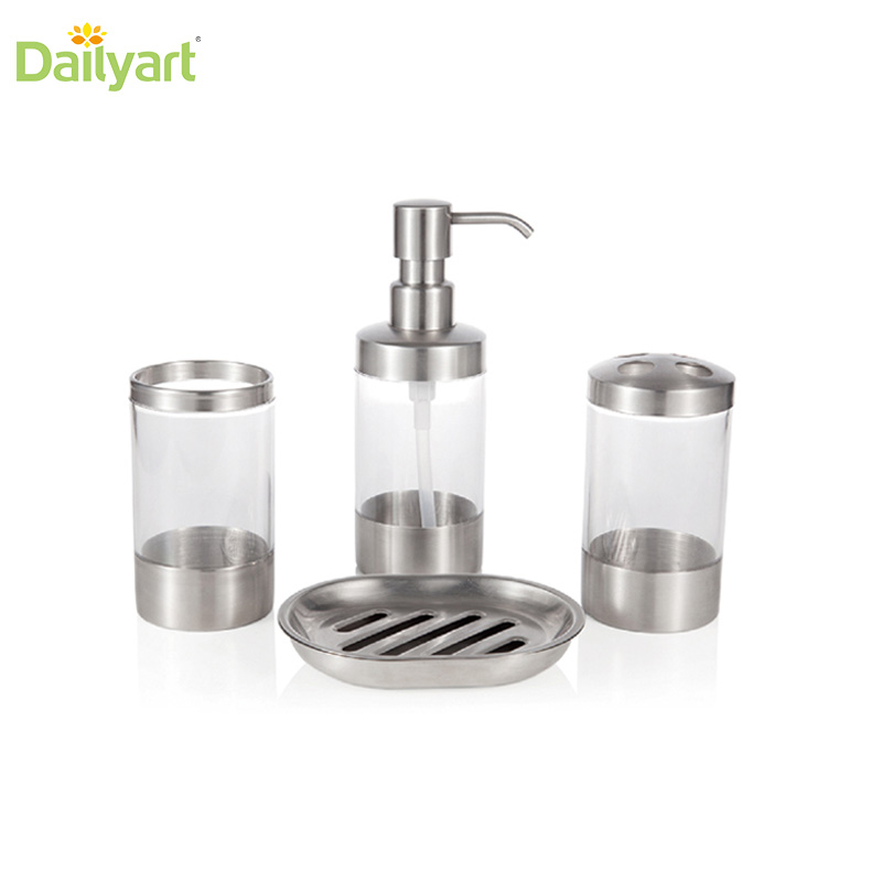 4 Piece Plastic Bath Accessory Bathroom Set, Lotion Dispenser,Toothbrush Holder,Tumbler Cup,Soap Dish