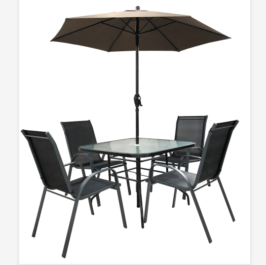Outdoor 6PC Garden Patio Furniture Set Black 4 Seater Table Chairs & Parasol,table set with umbrella