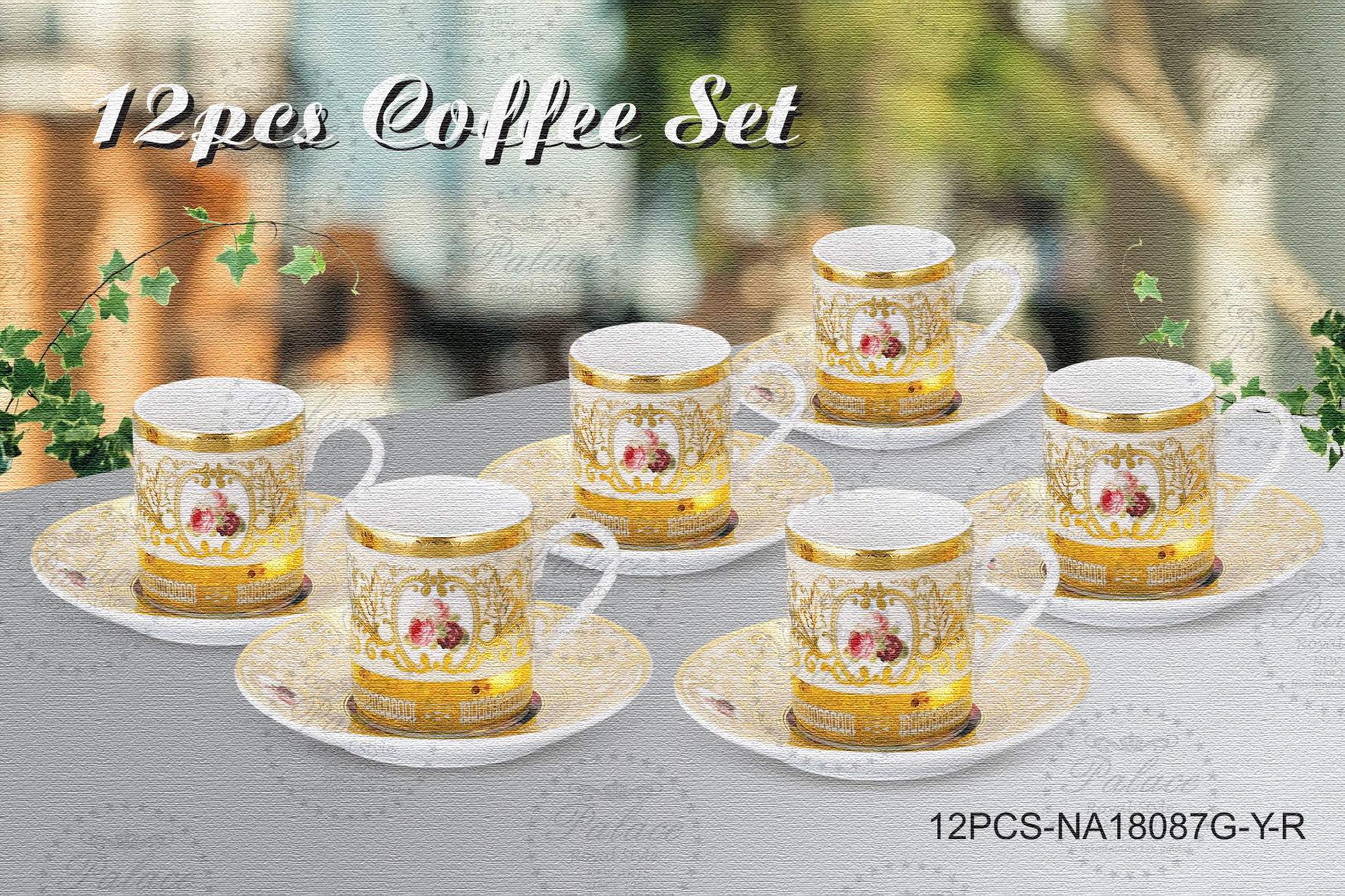 Embossed Gold New Bone China 12pcs Coffee Set