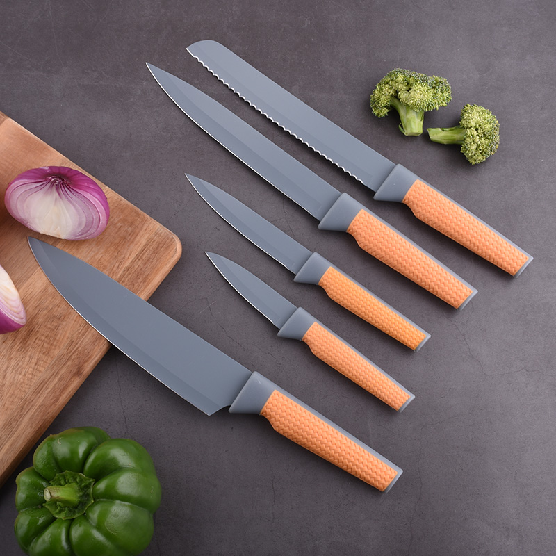 Woven Pattern Handle Non-Stick Color Coating Blade 6pcs Kitchen Knife Set
