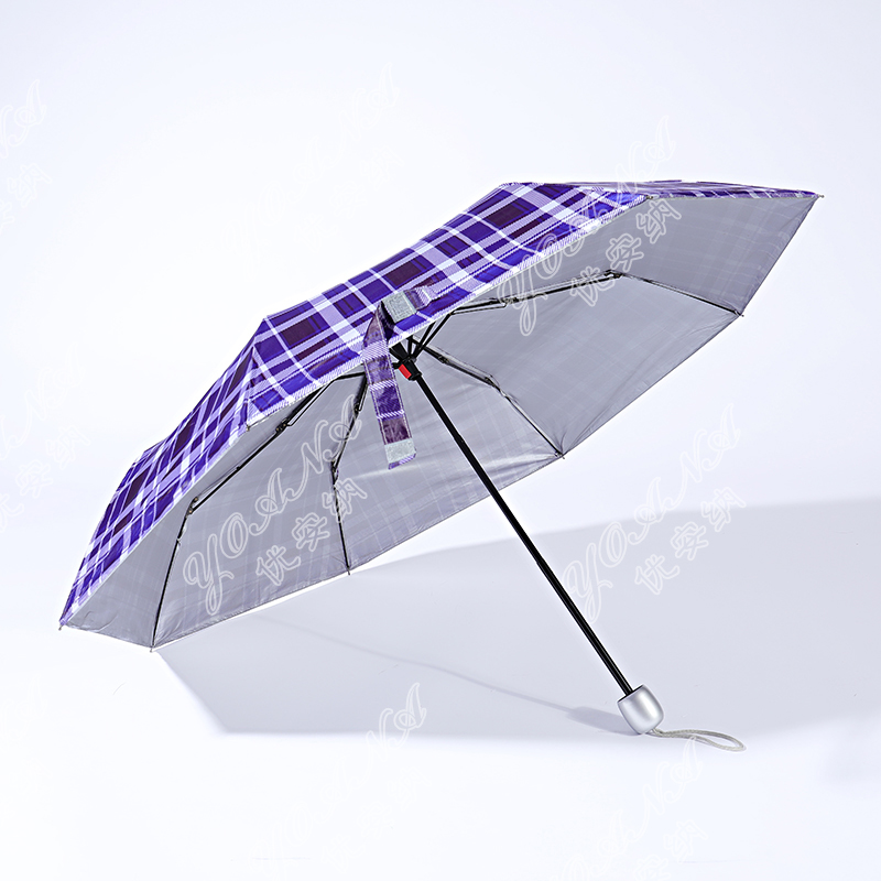 9034048C 3fold manual open polyester checker silver coating umbrella