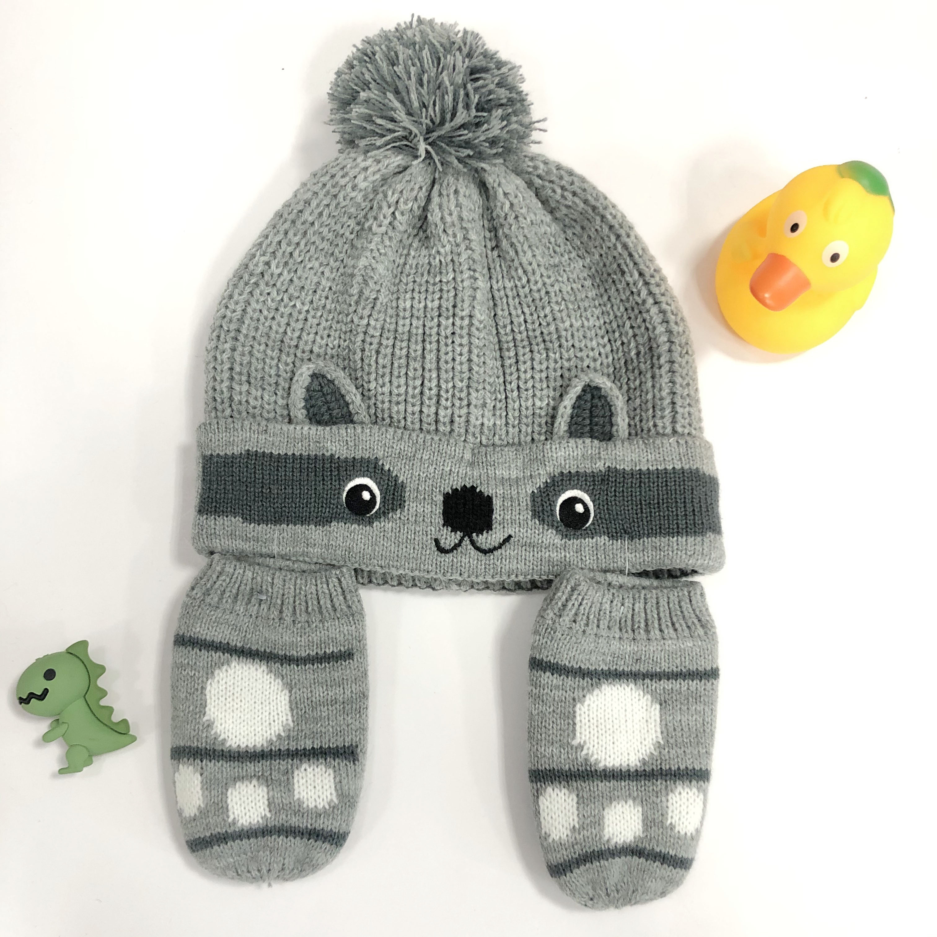 Ywhy-20070 Bby B Knitted Raccon Hat & Mitten Sets