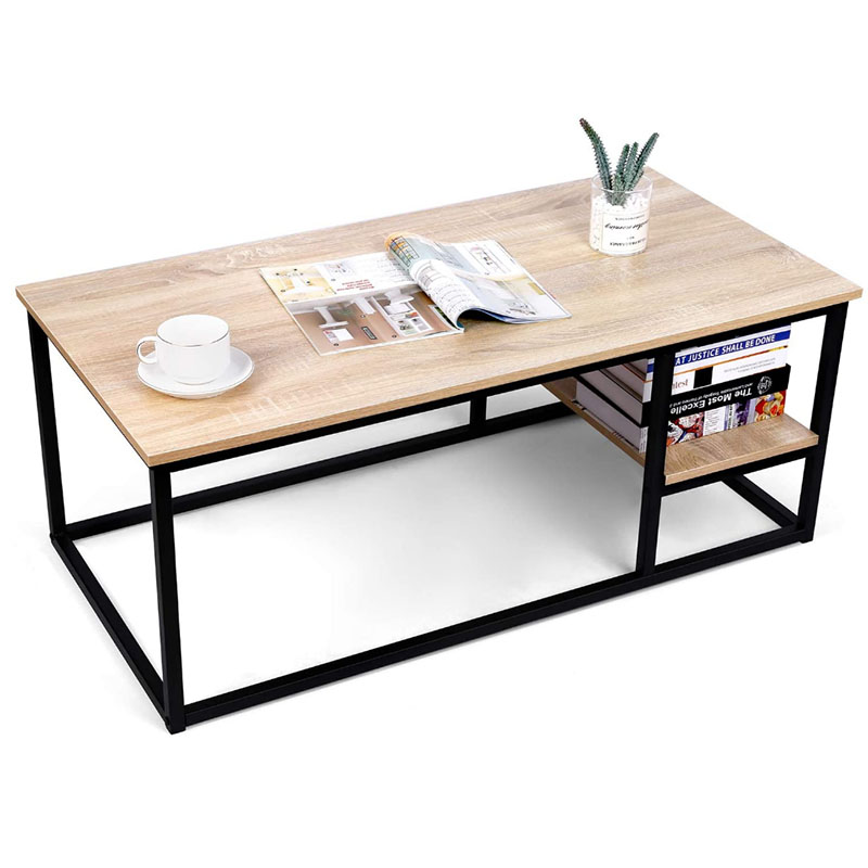 Coffee Table with Storage Shelf with Wooden Board Stable Metal Frame Cocktail Table 2Tier Tea Table
