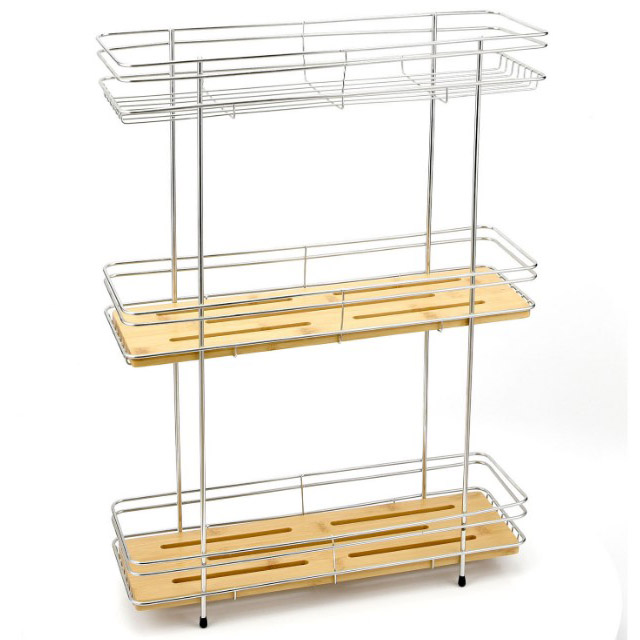 Stainless steel three-layer bathroom storage rack with bamboo