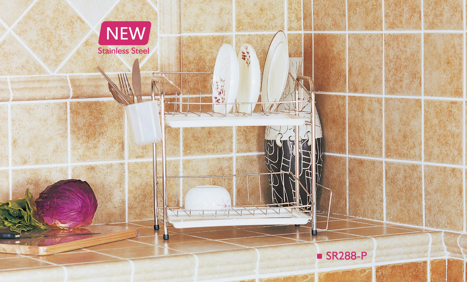 Stainless steel dish drainer - 2 tiers