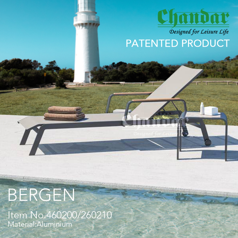 Outdoor furniture Bergen Textilene Sun Lounger in Aluminium Garden furniture with Plywood Armrest & Wheels Mesh Fabric Lounger