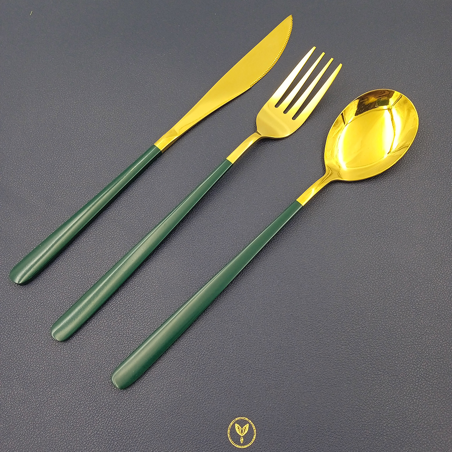 Korea style gold plated Stainless steel cutlery with green handle