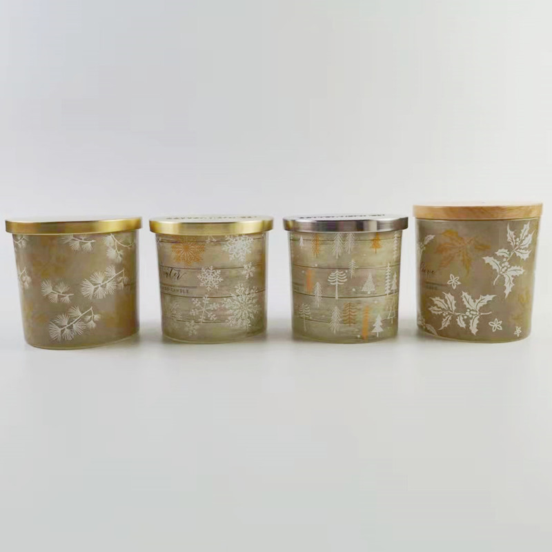 Delicate plant and snowflake pattern Glass Candle Holder with metal lid