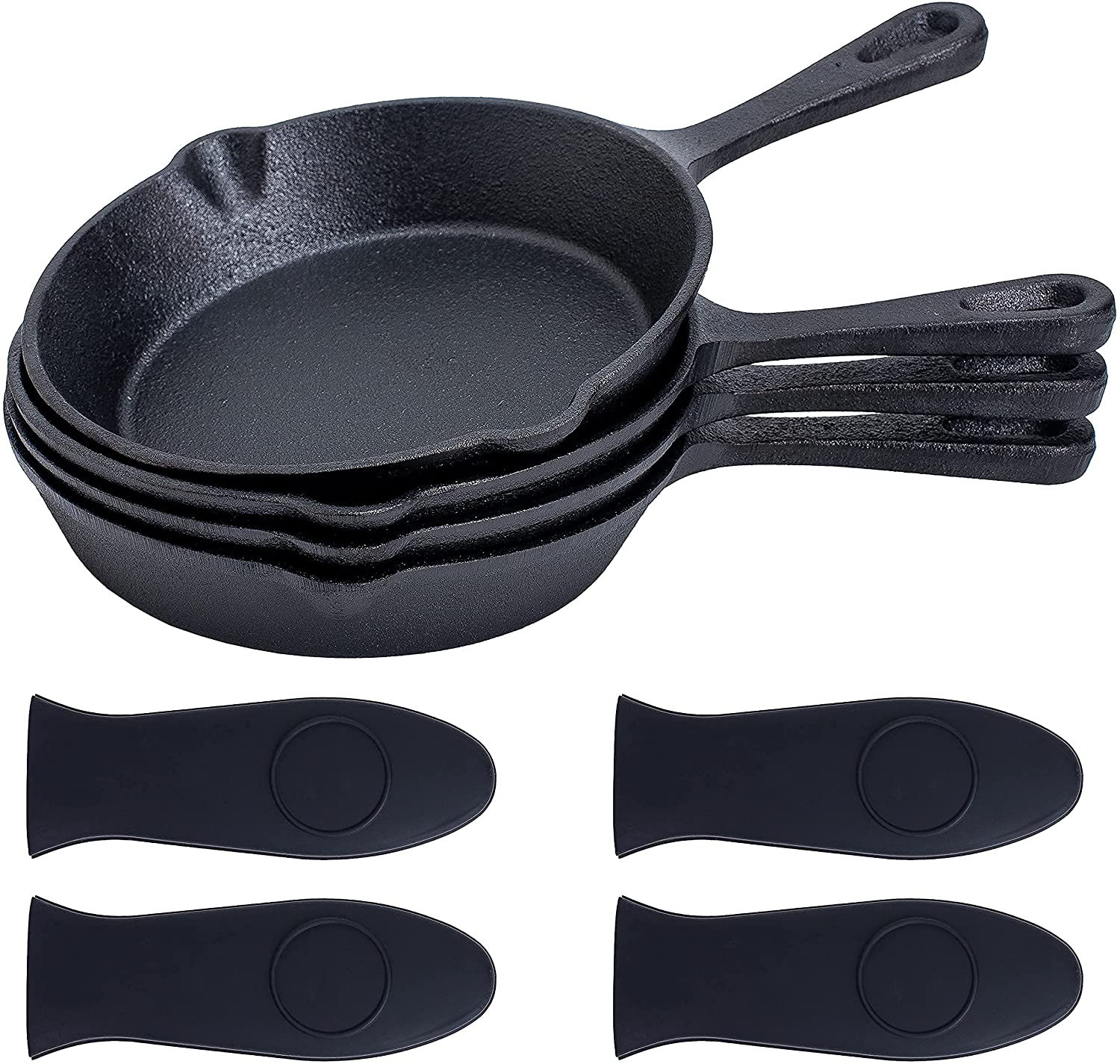 6" preseasoned cast iron skillet with silicone handle 4pcs