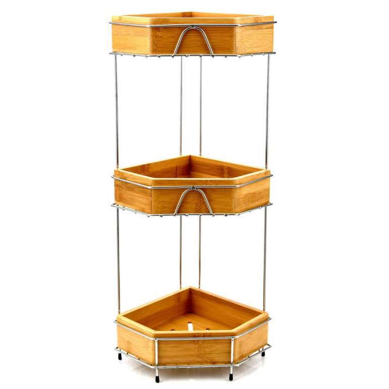 Stainless steel and bamboo box triangle storage rack 3-tiers